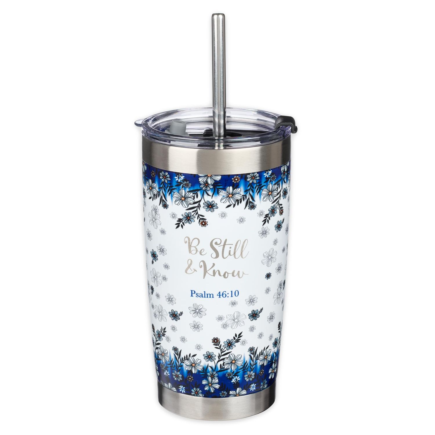 CAG Be Still &amp; Know Blue Floral Stainless Steel Travel Mug with Reusable Stainless Steel Straw - Psalm 46:10