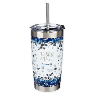 CAG Be Still &amp; Know Blue Floral Stainless Steel Travel Mug with Reusable Stainless Steel Straw - Psalm 46:10