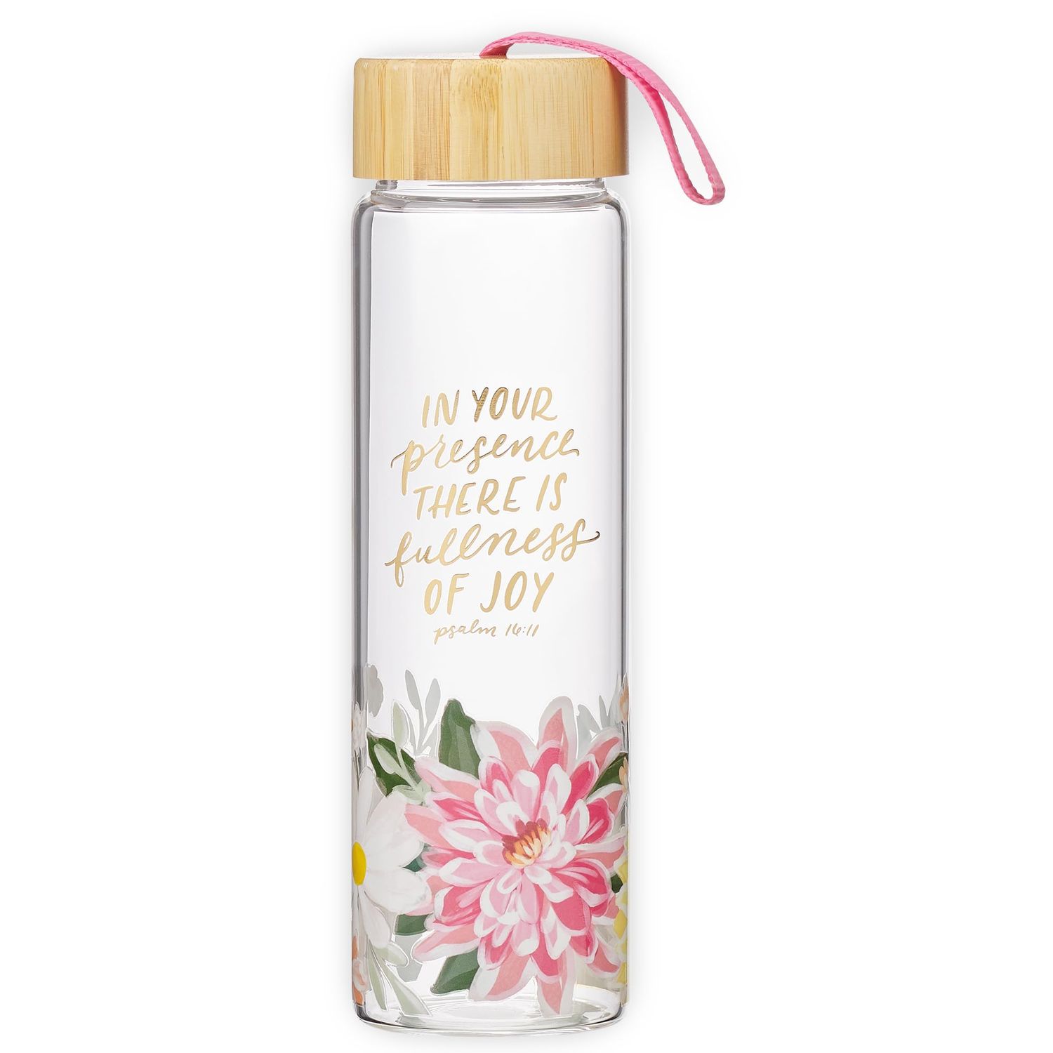 CAG Fullness of Joy Pink Floral Glass Water Bottle with Bamboo Lid - Psalm 16:11