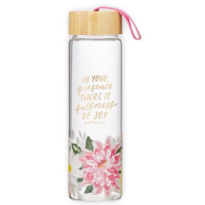 CAG Fullness of Joy Pink Floral Glass Water Bottle with Bamboo Lid - Psalm 16:11