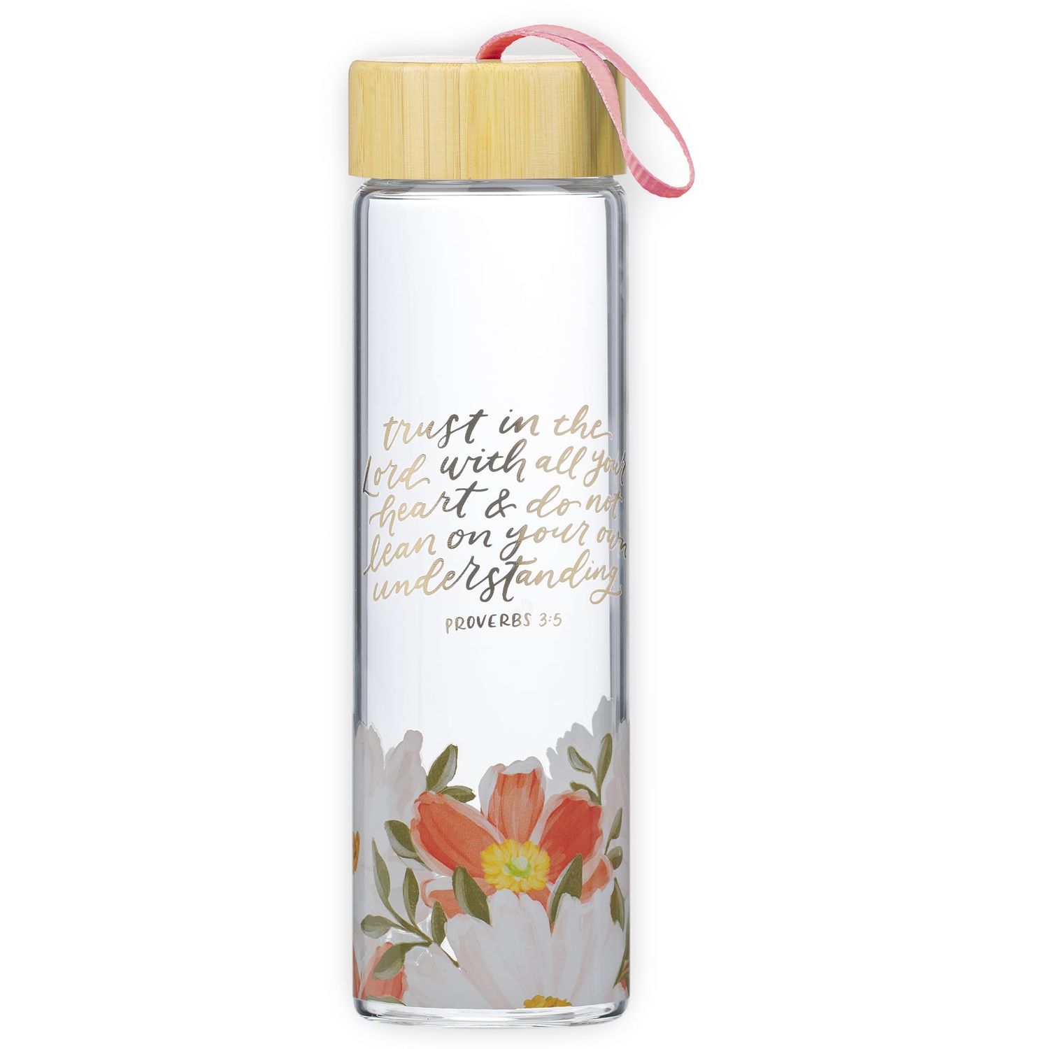 CAG Trust in the Lord Orange Floral Glass Water Bottle with Bamboo Lid - Proverbs 3:5