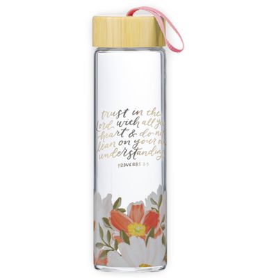 CAG Trust in the Lord Orange Floral Glass Water Bottle with Bamboo Lid - Proverbs 3:5