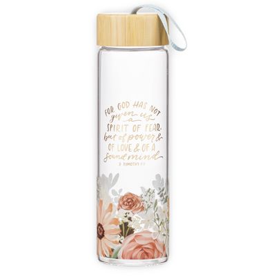 CAG No Fear Pink Floral Glass Water Bottle with Bamboo Lid - 2 Timothy 1:7