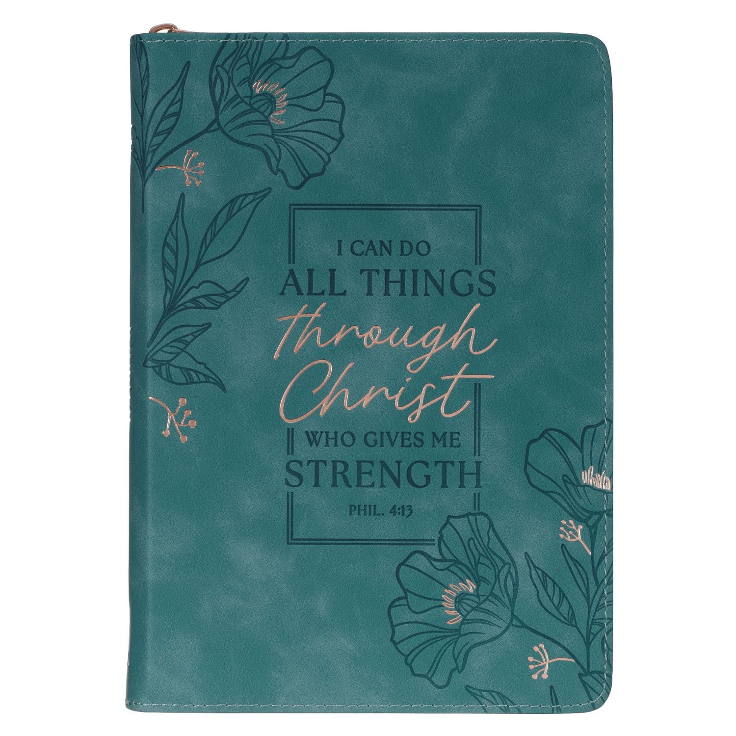 CAG Through Christ Teal Faux Leather Journal with Zippered Closure - Philippians 4:13