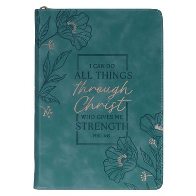 CAG Through Christ Teal Faux Leather Journal with Zippered Closure - Philippians 4:13