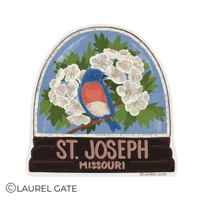 St. Joseph Missouri Happiness Bluebird Sticker Hawthorn Blossoms