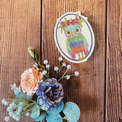 Laurel the Wise Owl Rainbow Feathers Floral Sticker