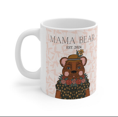 Mama Bear Mug Mother's Day - Blue Or Peach Personalized Year Floral Coffee Cup for the Best Mom Ever Gift