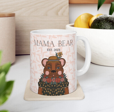 Mama Bear Mug Mother's Day - Blue Or Peach Personalized Year Floral Coffee Cup for the Best Mom Ever Gift
