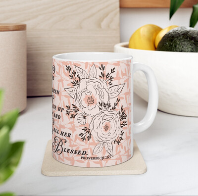 Proverbs 31 Blessed Mother's Day Mug - Peach Personalized Floral Coffee Cup for the Best Mom Ever Gift