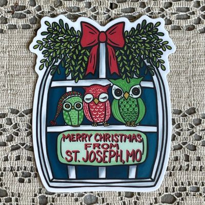 Merry Christmas Owls from St. Joseph, MO&quot; Sticker – A Heartwarming Holiday Delight!