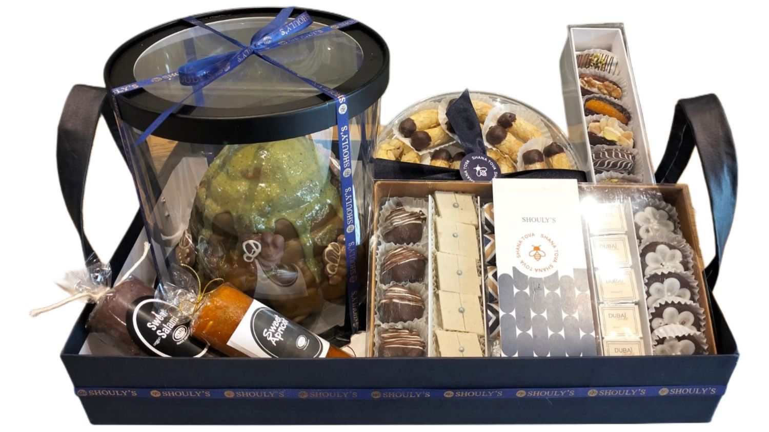CANASTA CLÁSICA ROSH HASHANA CON PASTEL PANAL Y CAJAS SURTIDAS