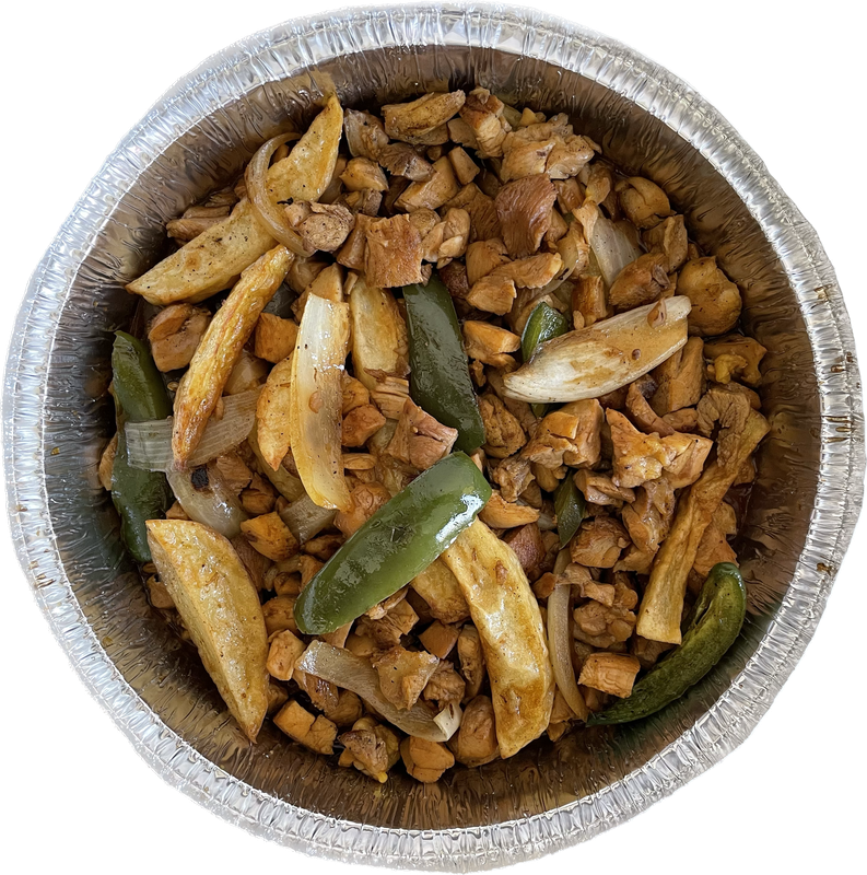 POLLO TOREADO CON PAPAS, CEBOLLA Y CHILE PESAJ
