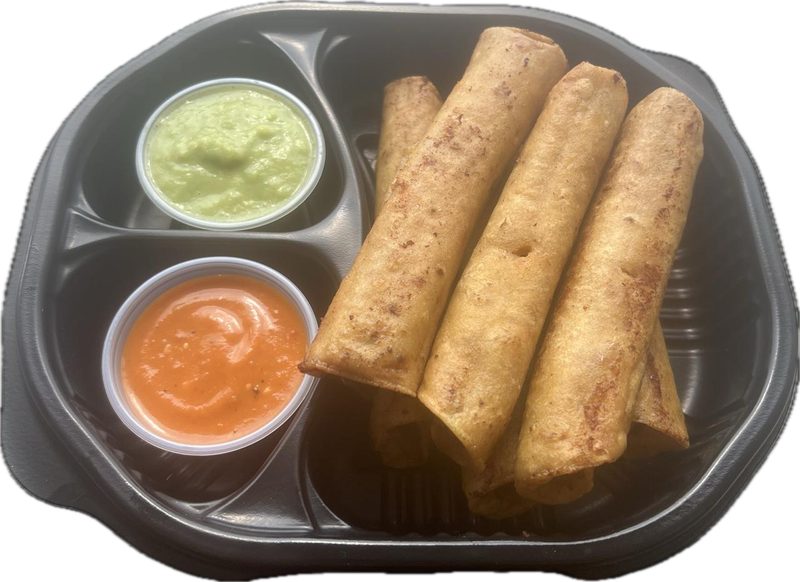 ​LUNCH DE TACOS ESTILO CASERO DORADOS DE PECHUGA DE POLLO O BARBACOA CON GUACAMOLE Y SALSA ROJA 6 PIEZAS