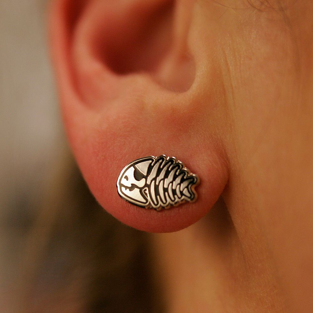 Jolly Pirate Fish Earrings - Silver Finish, Pair (single)