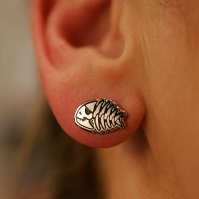 Jolly Pirate Fish Earrings - Silver Finish, Pair (single)