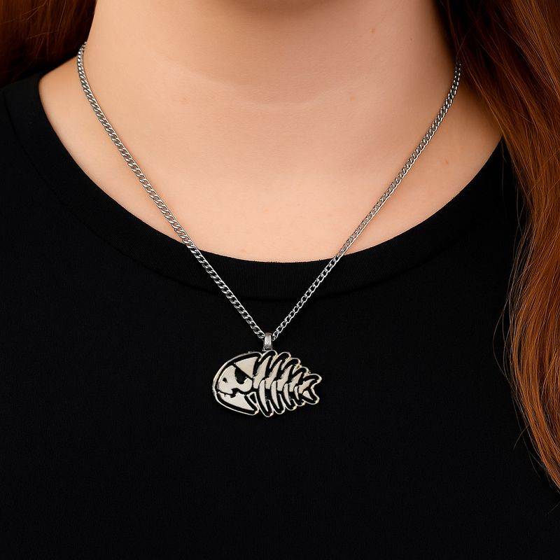Pirate Pastafarian Fish Bones Necklace – Bright Silver Finish (single item)