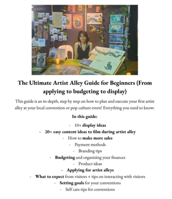 The Ultimate Artist Alley Guide for beginners (Budgeting, Display, Marketing, Content) with questions and checklists