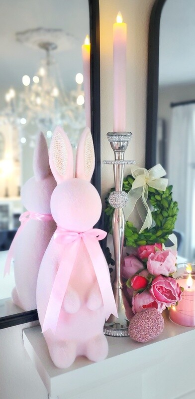 Pearl Adorned Pink Flocked Resin Bunny