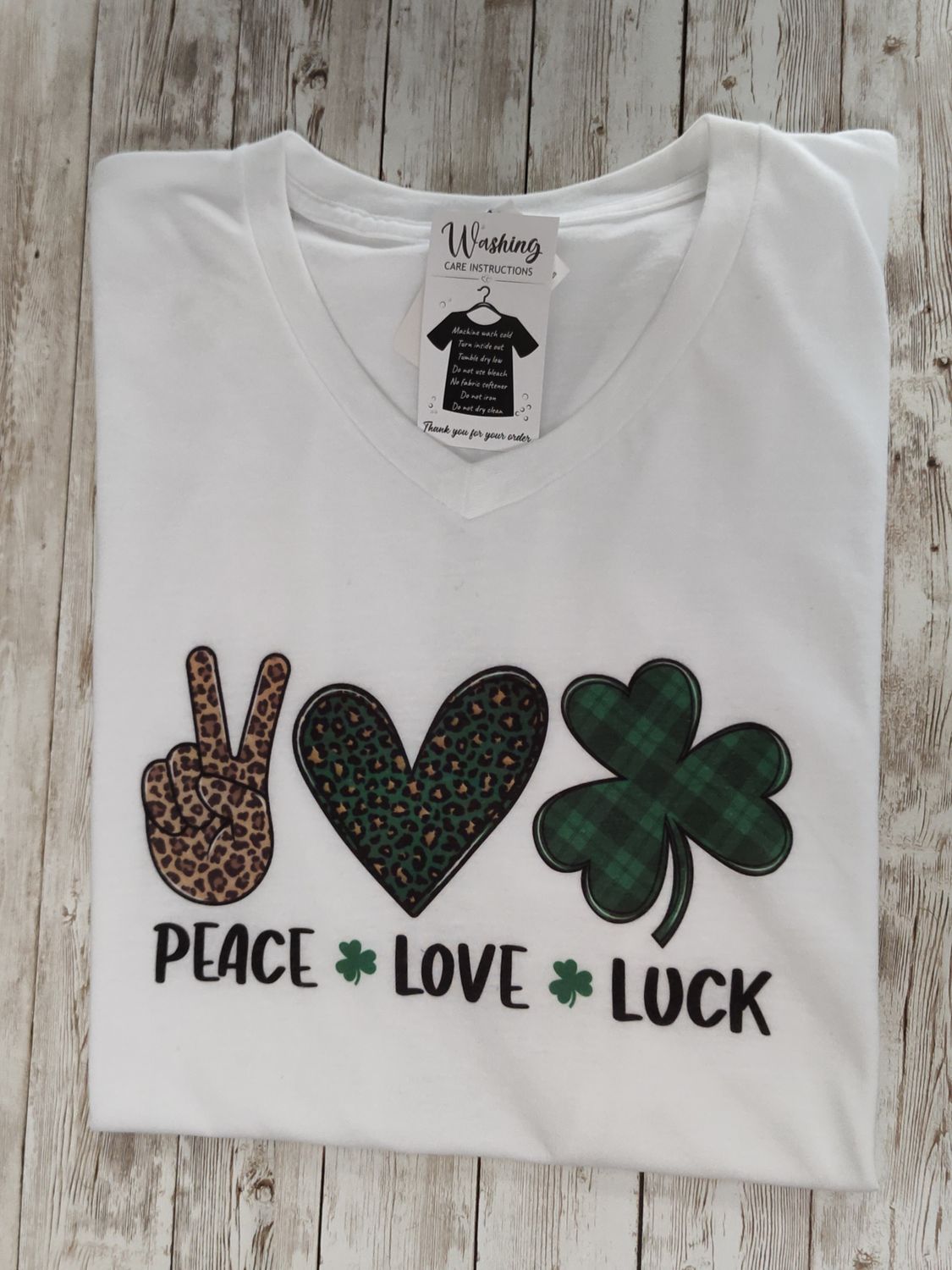 Peace Love Luck white vneck LARGE
