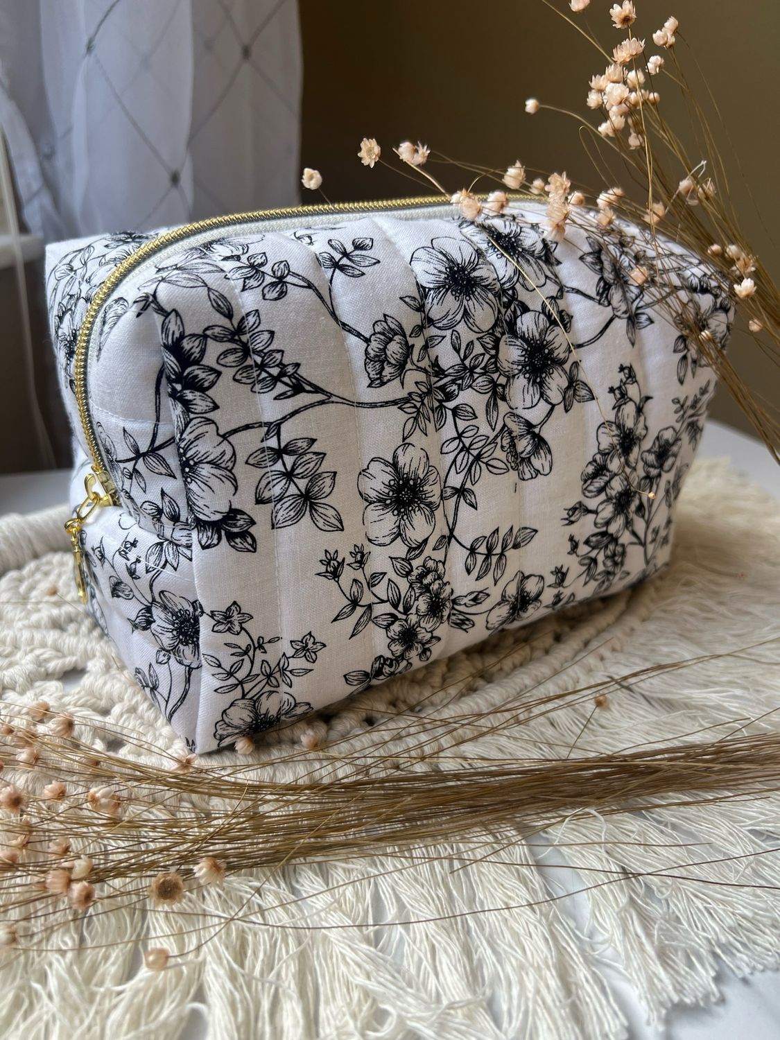 Black On White Floral Makeup Bag