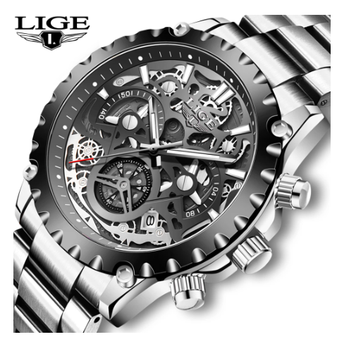 LIGE 2021 Stainless Steel Hollow Mens Watches Top Brand Sport Waterproof Quartz