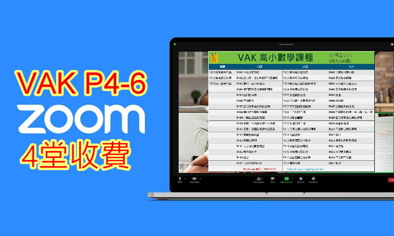 VAK P4-6 高小數學課程 (1對1ZOOM) 4堂