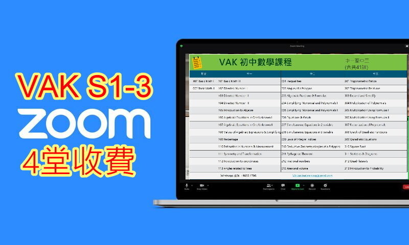 VAK S1-3 初中數學課程 (1對1ZOOM) 4堂