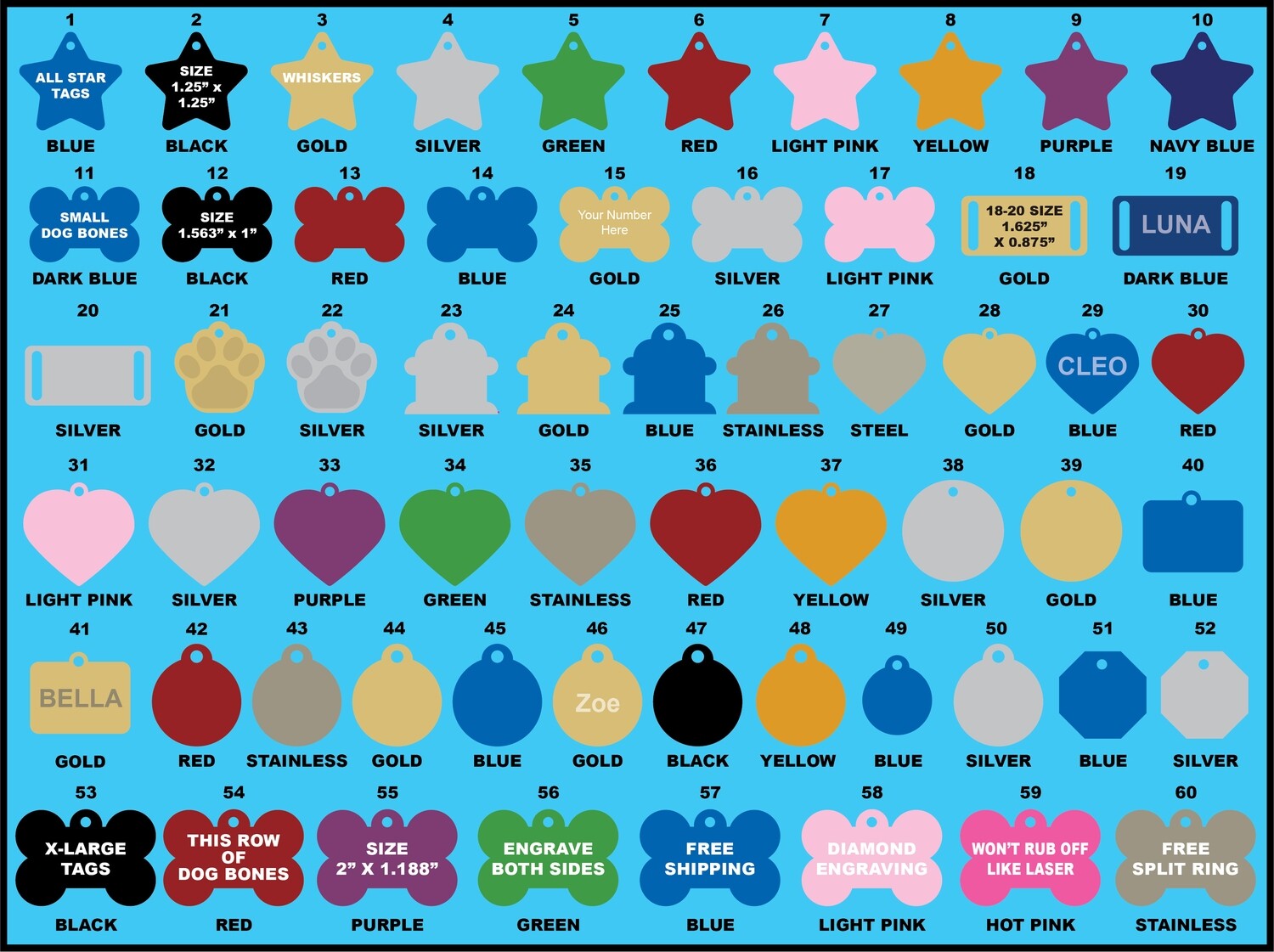 Custom Engraved Pet ID Tags for Dogs and Cats. Free Diamond Engraved Custom ID Multiple Colors and Sizes
