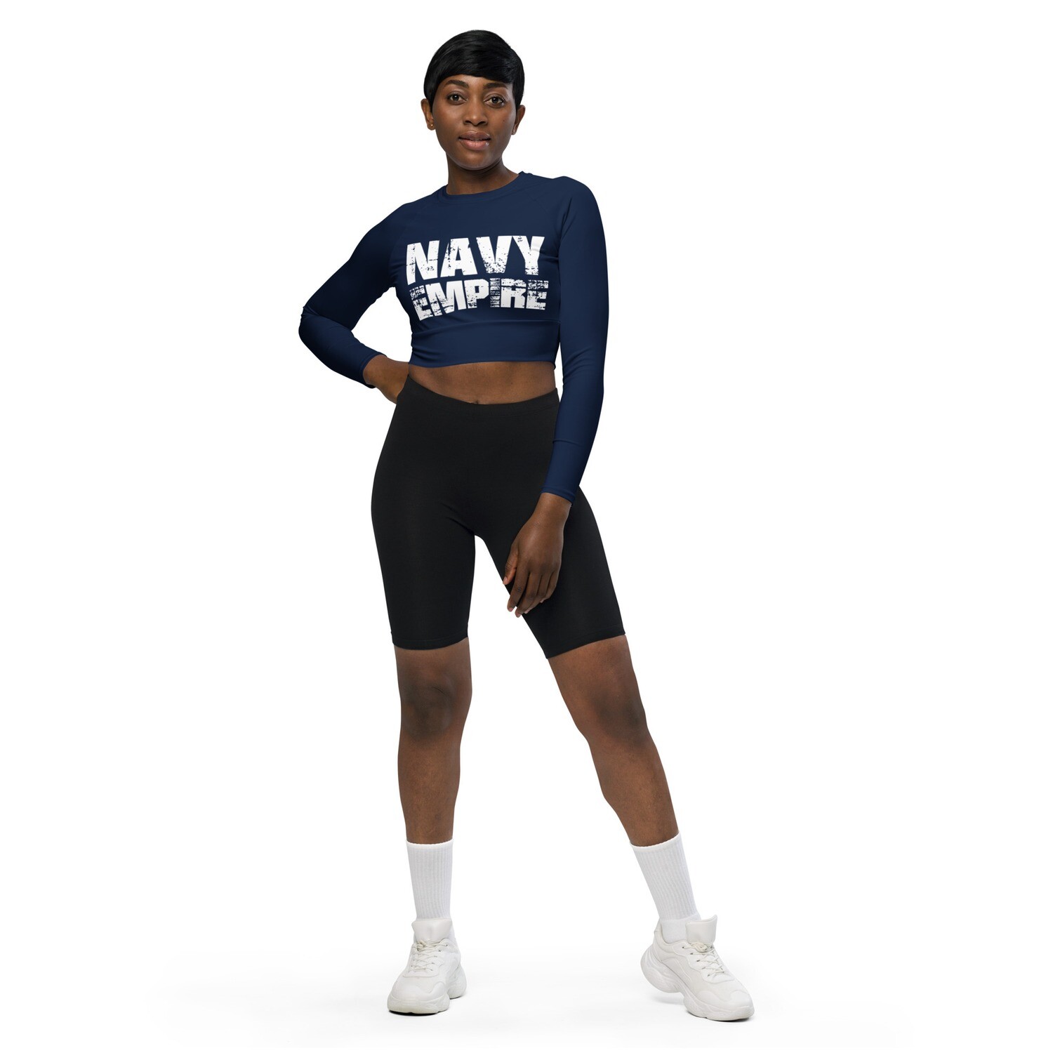 Navy Empire All-Over Print Long-Sleeve Crop Top, Size: 2XS