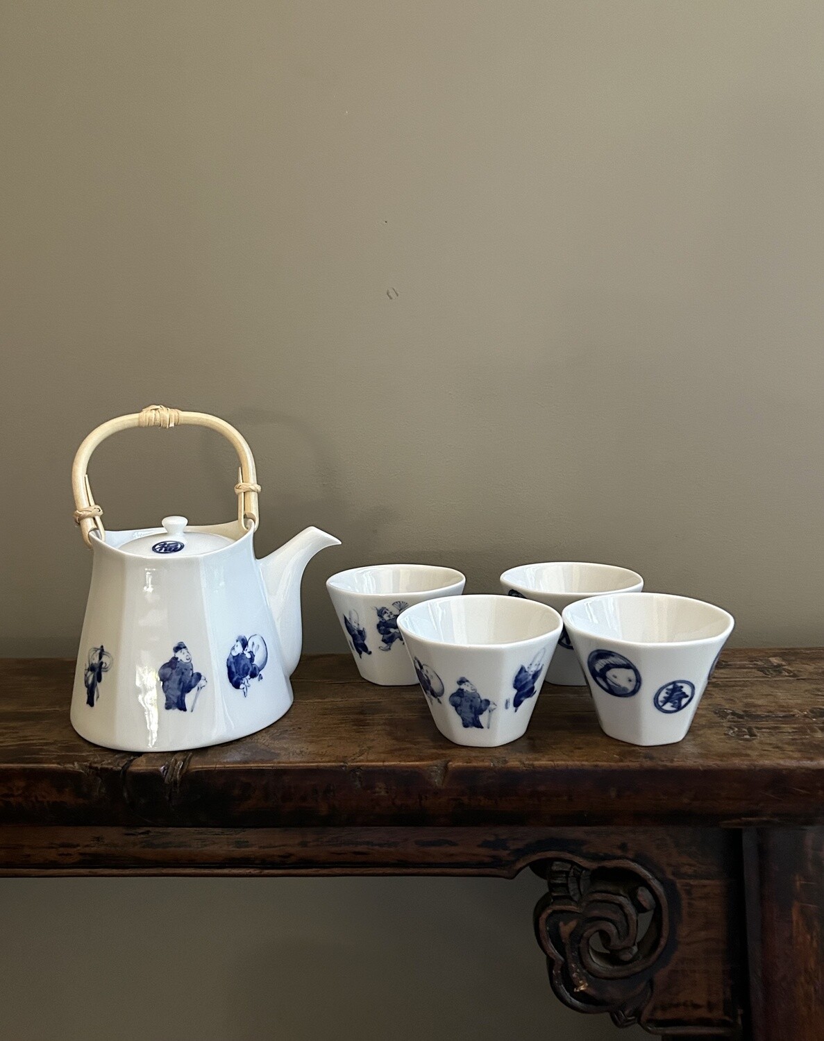 Seven Lucky Gods Teapot and Four Tea Cups Set