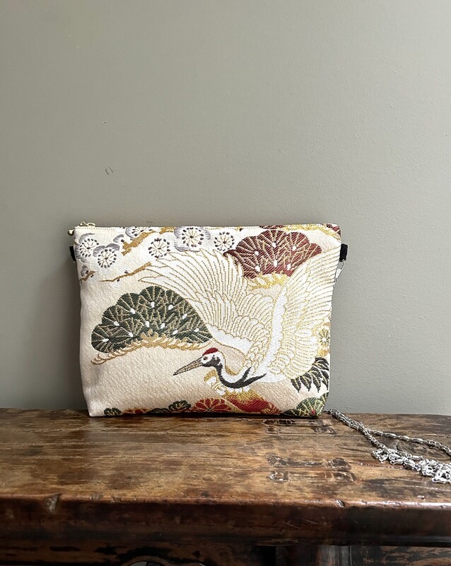 Upcycled Silk Obi Sash Pochette with Metal String - Crane