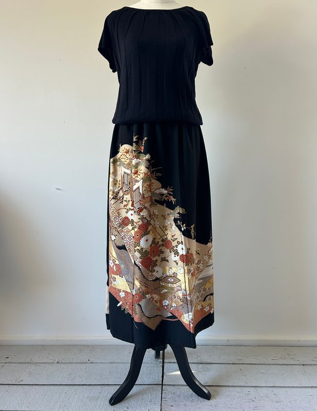 Upcycled Silk Kimono Skirt - Landscape/Blossoms/Pines/Rickshaw