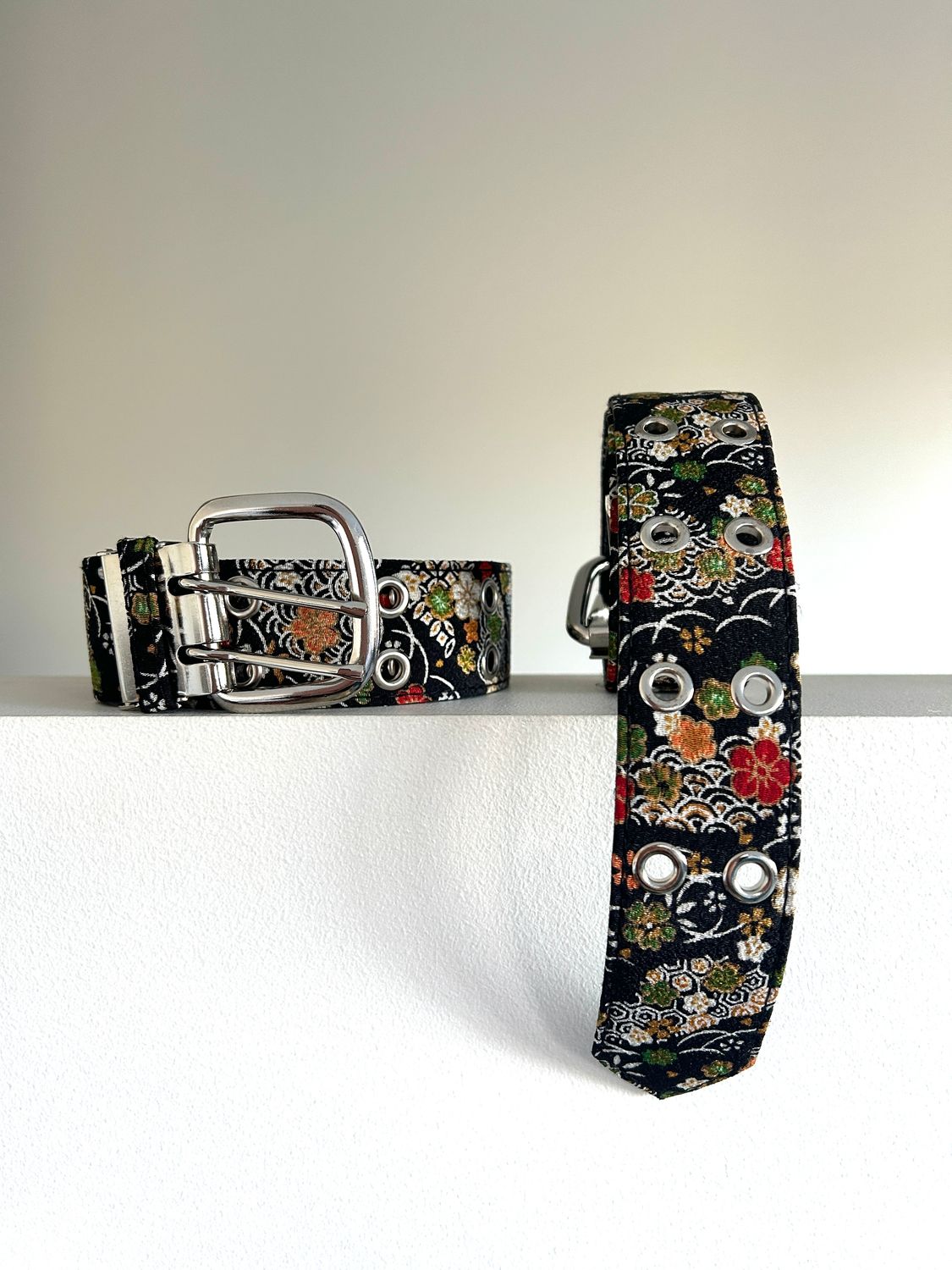 Kimono Inspired Belt - Black/Waves and Blossoms
