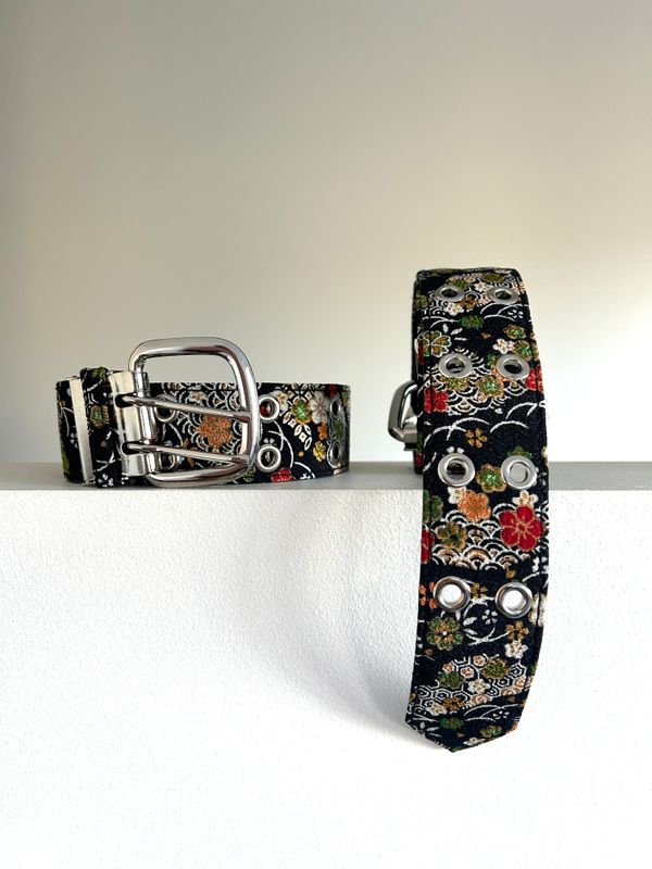 Kimono Inspired Belt - Black/Waves and Blossoms