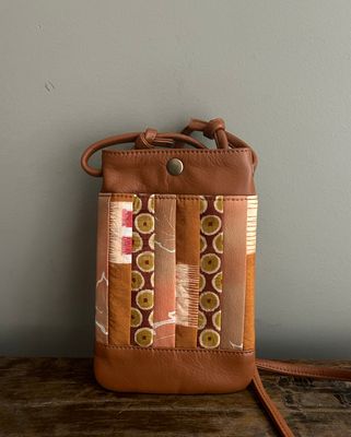 Upcycled Kimono and Leather Pochette - Brown