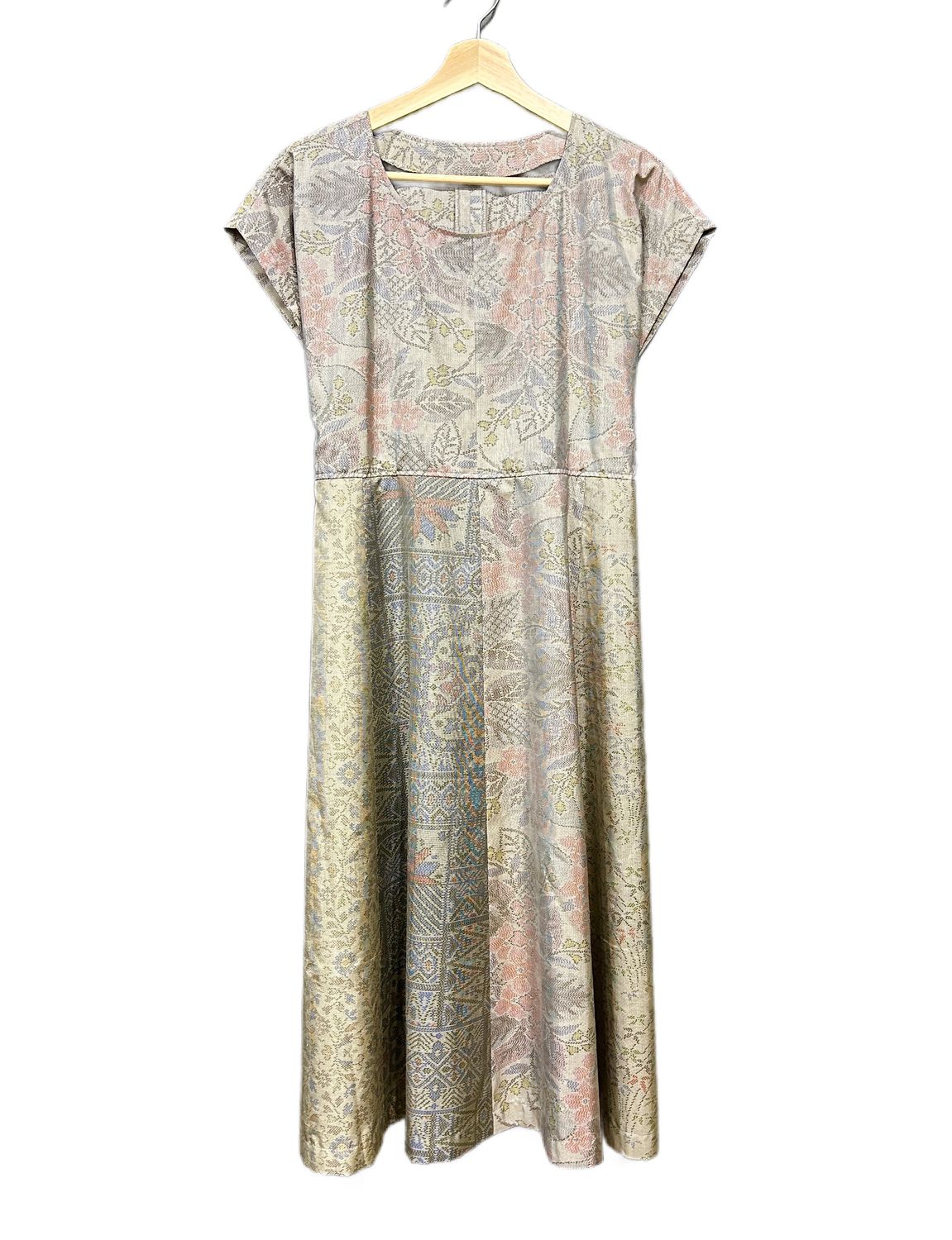 Upcycled Oshima Silk Panel Dress - Moss Green/Cream