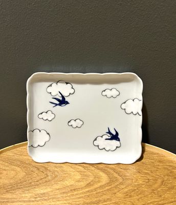 Hand-painted Swallow Rectangle Plate(有田焼ツバメ角皿）