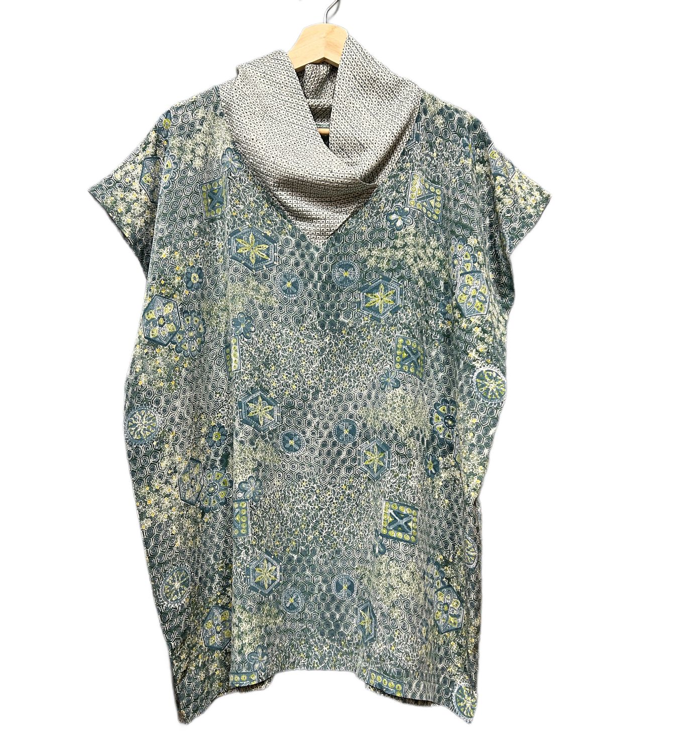 Upcycled Silk KimonoTunic Top - Mint Tie Dye/Geometric
