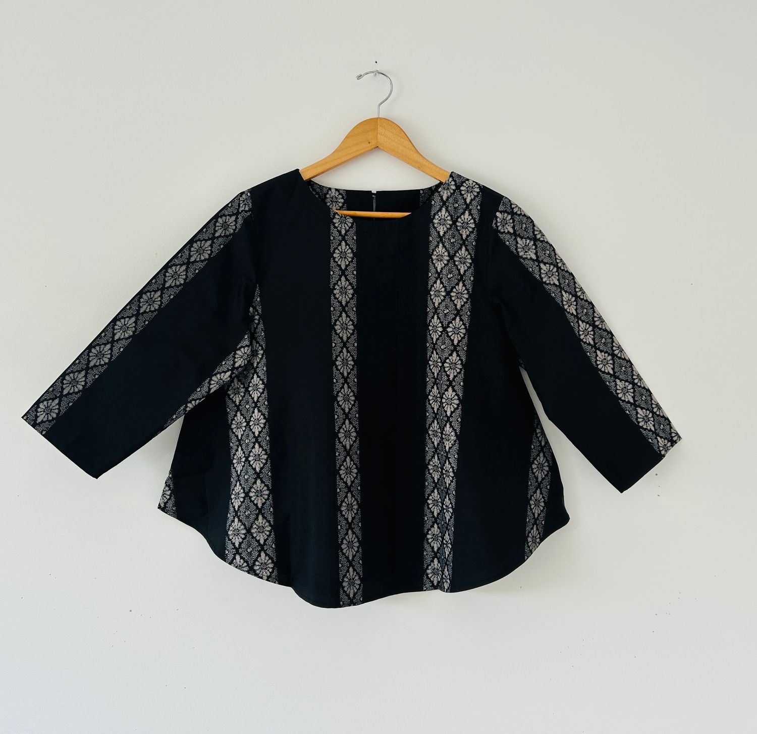 Upcycled Oshima Silk Kimono Blouse - Black Geometric