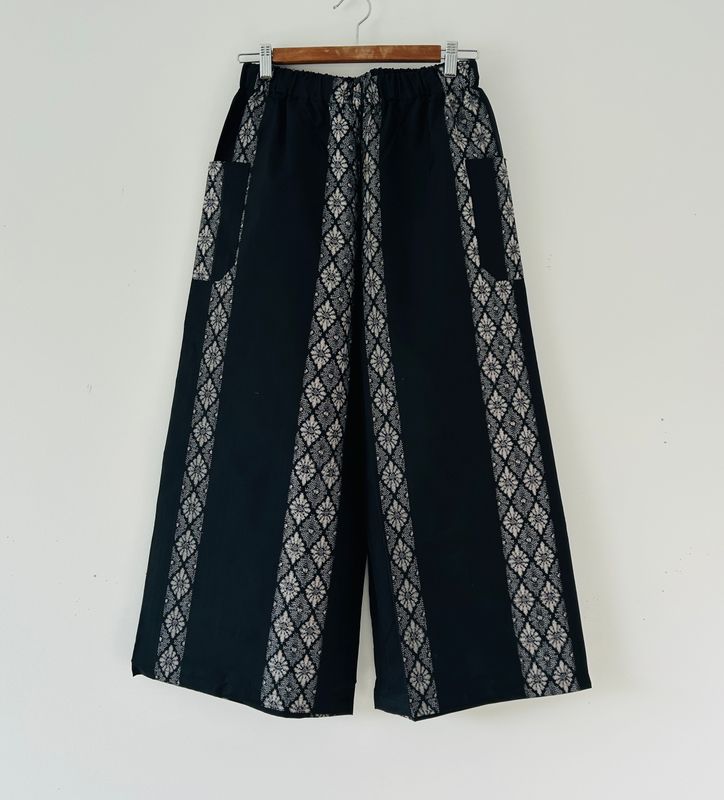 Upcycled Oshima Silk Kimono Pants - Black Geometric