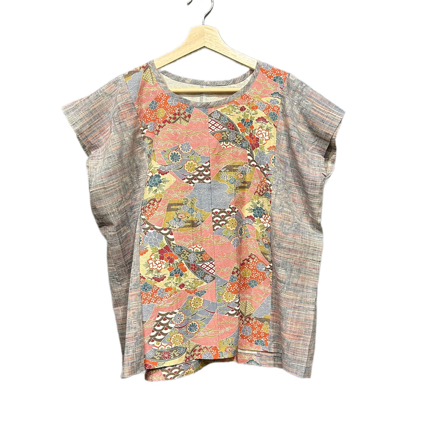 Upcyled Silk Kimono Top - Pink/Blue Spring Landscape