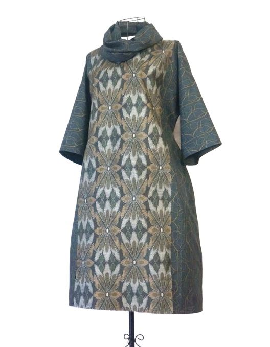 Upcycled Oshima Silk Kimono Tunic Top with Snood