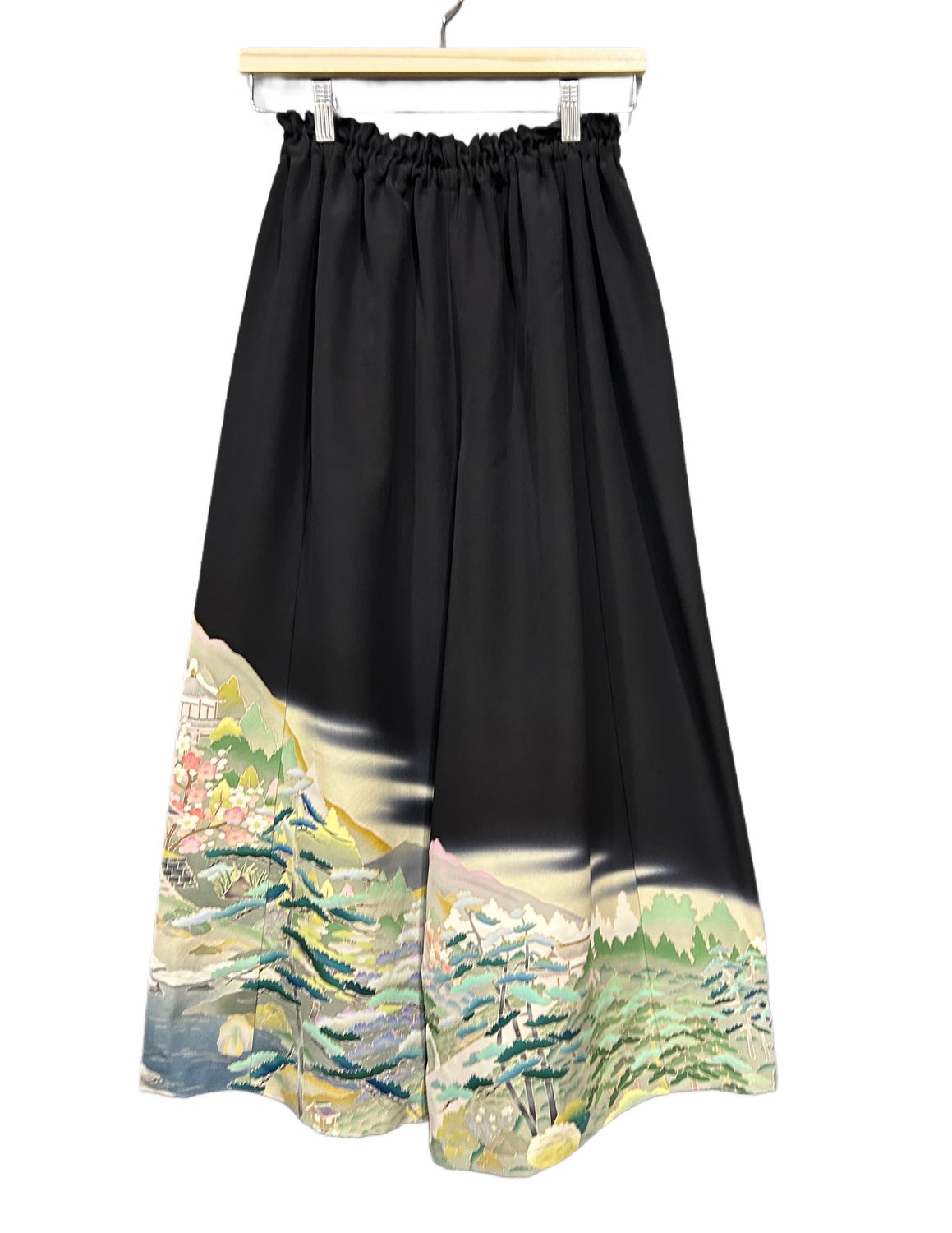 Upcycled Silk Kimono Pants - Emerald Pines and Pink Blossoms
