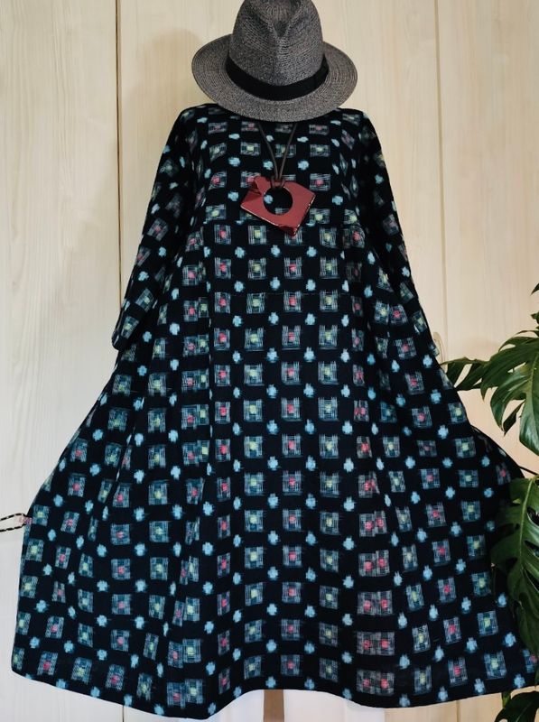 Vintage Kasuri Cotton Dress - Snowfall and Squares