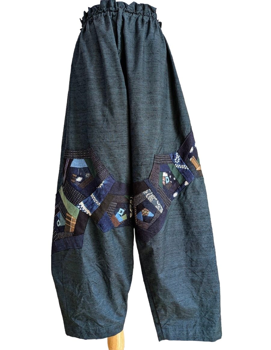 Upcycled Silk Kimono Pants with Kasuri Cotton Rose Patchwork