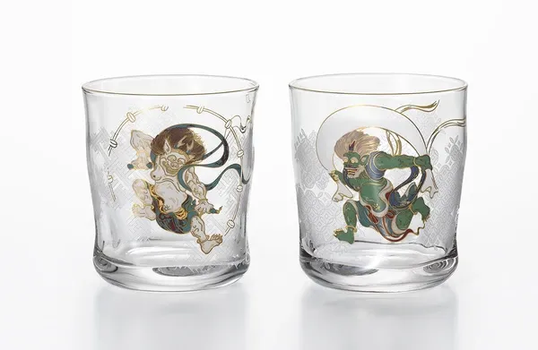 Wind God Thunder God Pair Glass  Set in Wooden Box