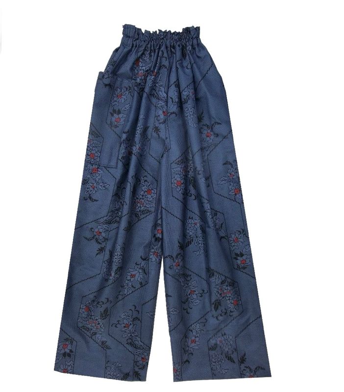 Upcycled Oshima Silk Kimono Pants - Navy Floral