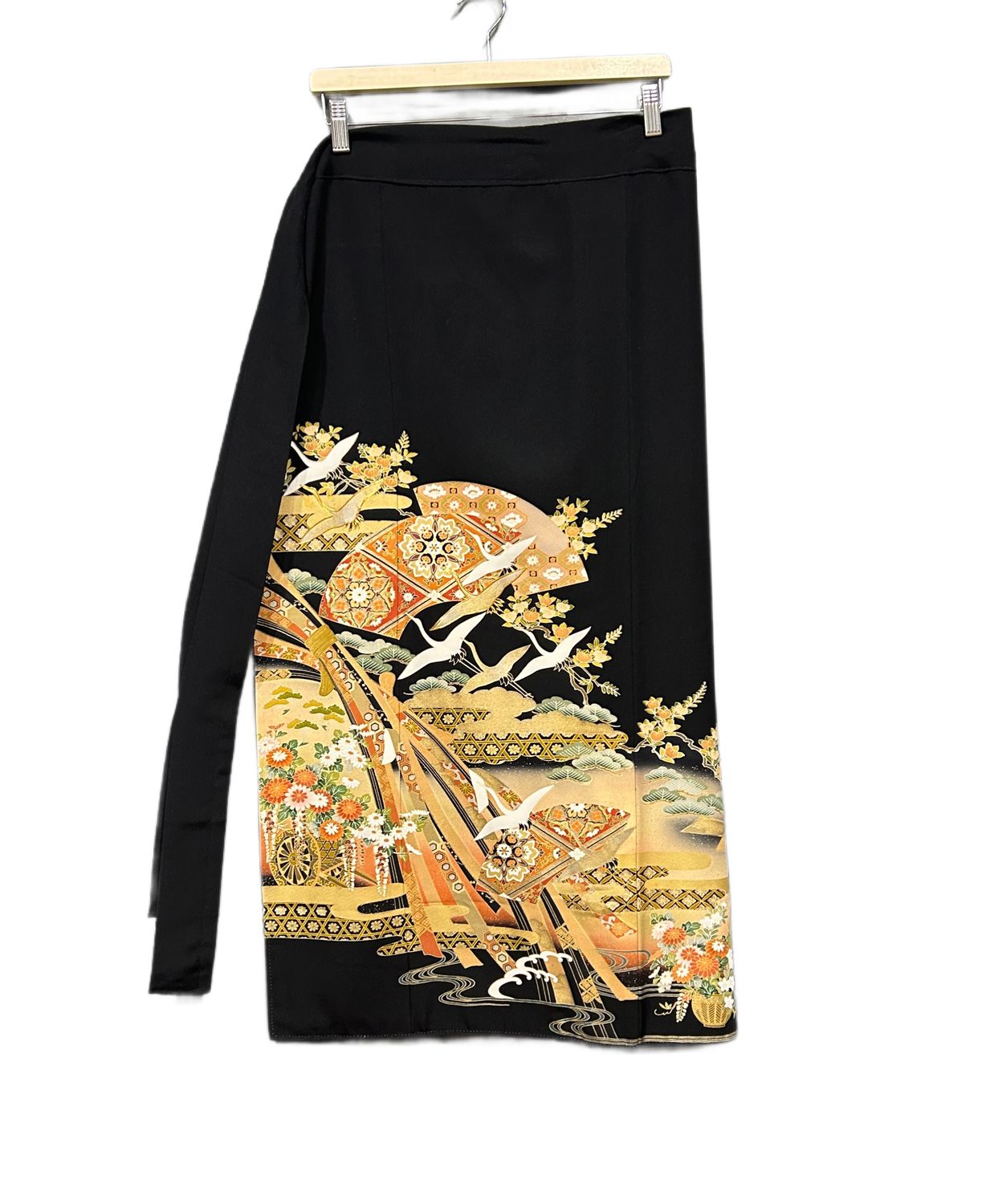 Silk Kimono Wrap Skirt - Cranes. Fans, and Flowers