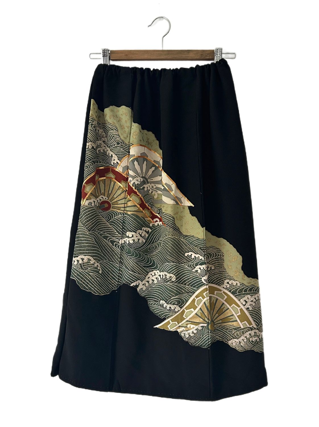 Upcycled Silk Kimono  Skirt - Green Waves/Rickshaw Wheels
